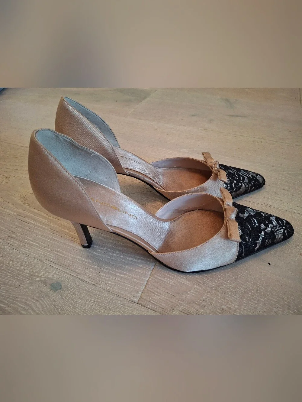 Bandolino Champagne Satin D'Orsay Heels with Black Lace Pointed Toe